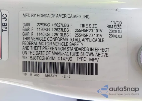 2021 Acura Rdx A-Spec from USA, damaged, VIN 5J8TC2H64ML014790